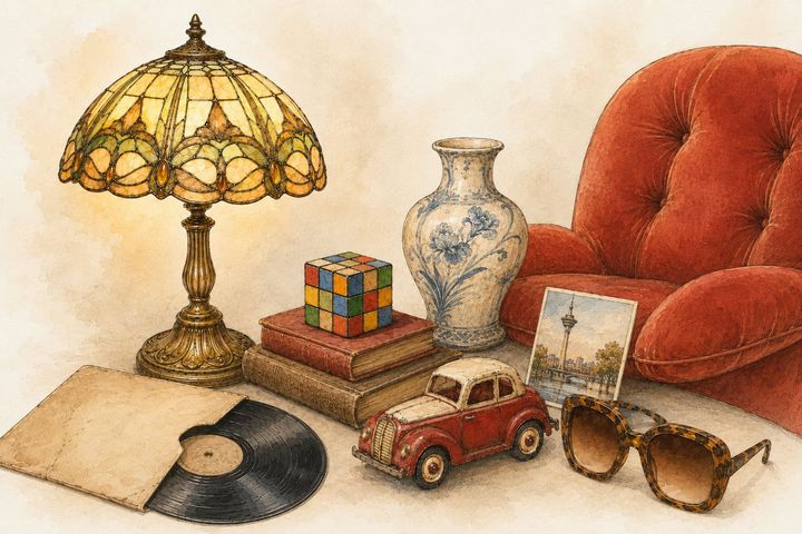 Düsseldorfer Flohmarkt-Kompass Aquarell-Illustration mit typischen Flohmarktfunden wie Tiffany-Lampe, Porzellanvase, Schallplatte, Spielzeugauto, Sonnenbrille und rotem Sessel.