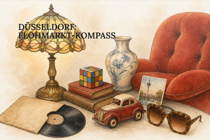 Düsseldorf: Flohmarkt-Kompass Aquarell-Illustration zum Düsseldorfer Flohmarkt-Kompass mit Tiffany-Lampe, rotem Sessel, Schallplatte, Spielwürfel, Spielzeugauto, Vase und Sonnenbrille.
