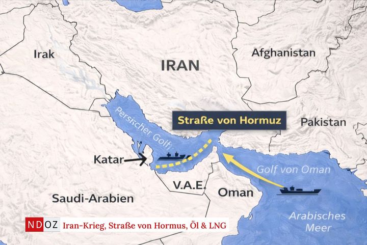 Karte: Straße von Hormus (Iran/Oman) – wichtige Schifffahrtsroute Karte der Straße von Hormus zwischen Iran und Oman mit markierten Schifffahrtsrouten.