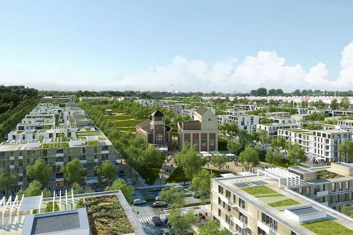 Glasmacherviertel Düsseldorf-Gerresheim – Visualisierung Visualisierung des geplanten Glasmacherviertels in Düsseldorf-Gerresheim mit Wohngebäuden, Grünflächen und erhaltenen historischen Industriebauten