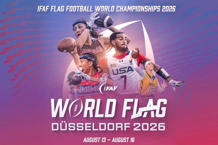 Flag-Football-WM 2026 in Düsseldorf-Garath Grafik zur Flag-Football-WM 2026 in Düsseldorf mit internationalen Spielerinnen und Spielern