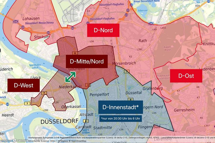 flexy in Düsseldorf: neue Spezialgebiete zur Rheinquerung (ab 1. Februar 2026) Karte der flexy-Spezialgebiete D-West und D-Mitte/Nord in Düsseldorf zur Rheinquerung wegen 3,5-Tonnen-Limit an der Theodor-Heuss-Brücke.