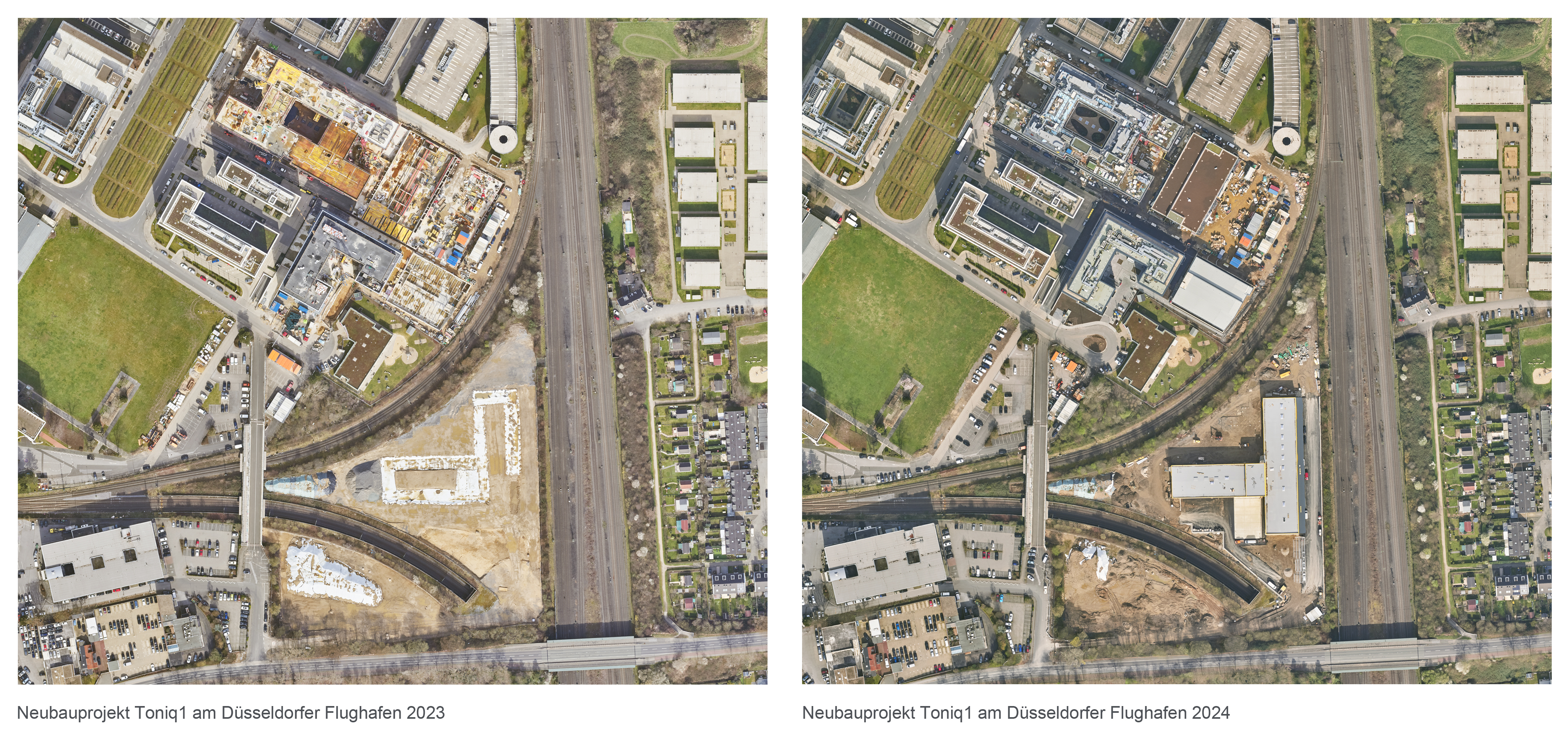 Das Luftbild 2024 (rechts) zeigt das neue Gebäude Toniq1 am Flughafen, welches im Vorjahr (links) noch im Bau war © Landeshauptstadt Düsseldorf/Vermessungs- und Katasteramt 