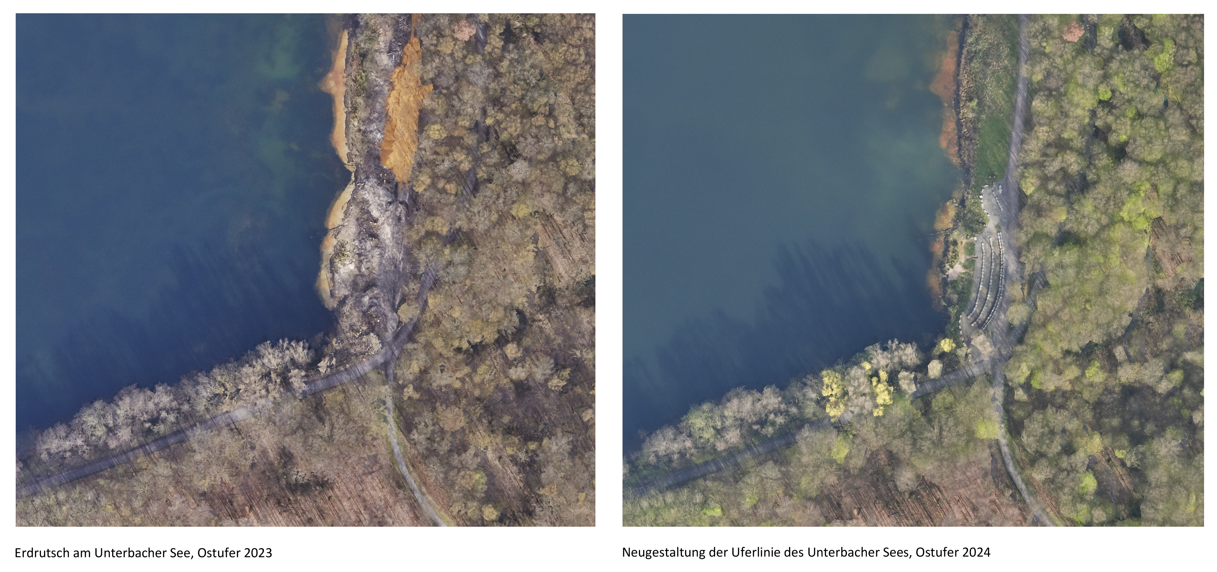 Das Luftbild 2024 (rechts) zeigt das neu gestaltete Ostufer des Unterbacher Sees, an der Stelle war im Vorjahr ein Erdrutsch im Luftbild zu sehen (links) © Landeshauptstadt Düsseldorf/Vermessungs- und Katasteramt 