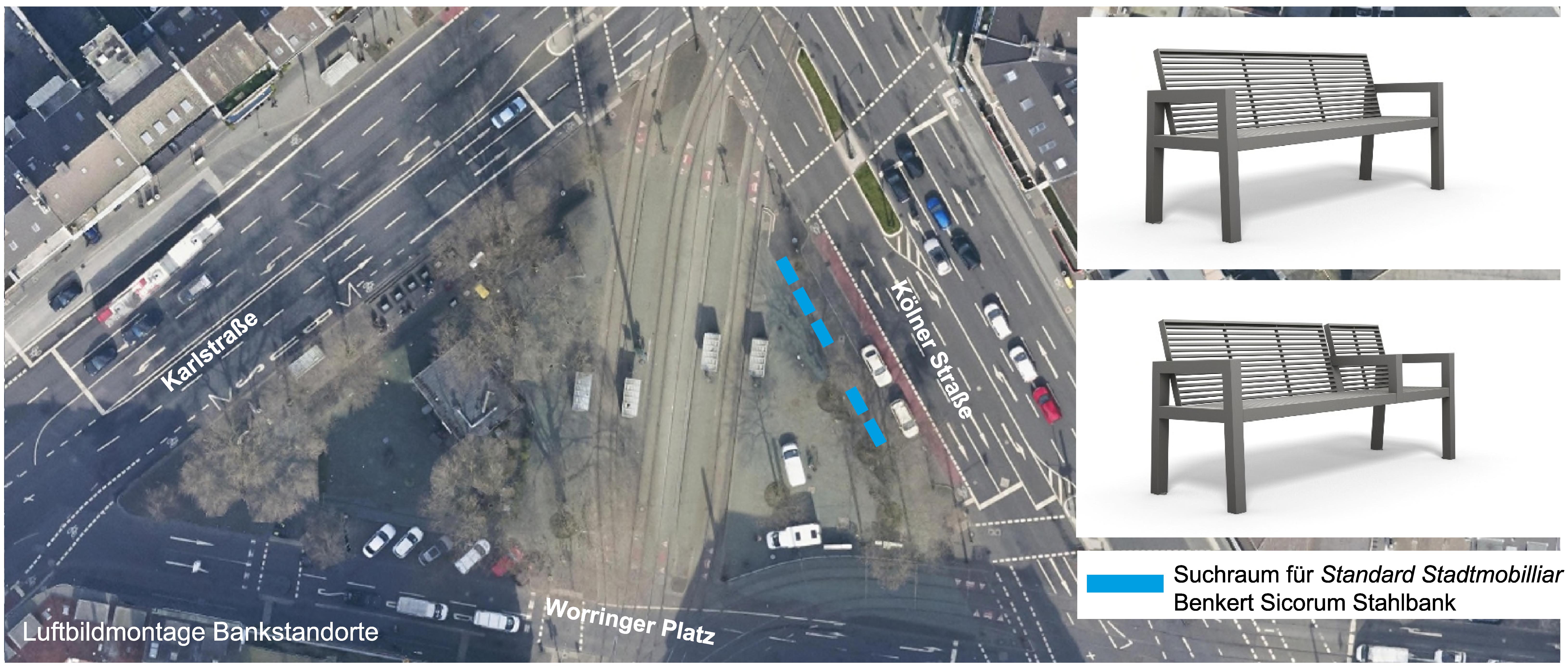 Visualisierung möglicher Standorte und Beispiele der neuen Bänke am Worringer Platz/ Foto: Landeshauptstadt Düsseldorf/Amt für Verkehrsmanagement 