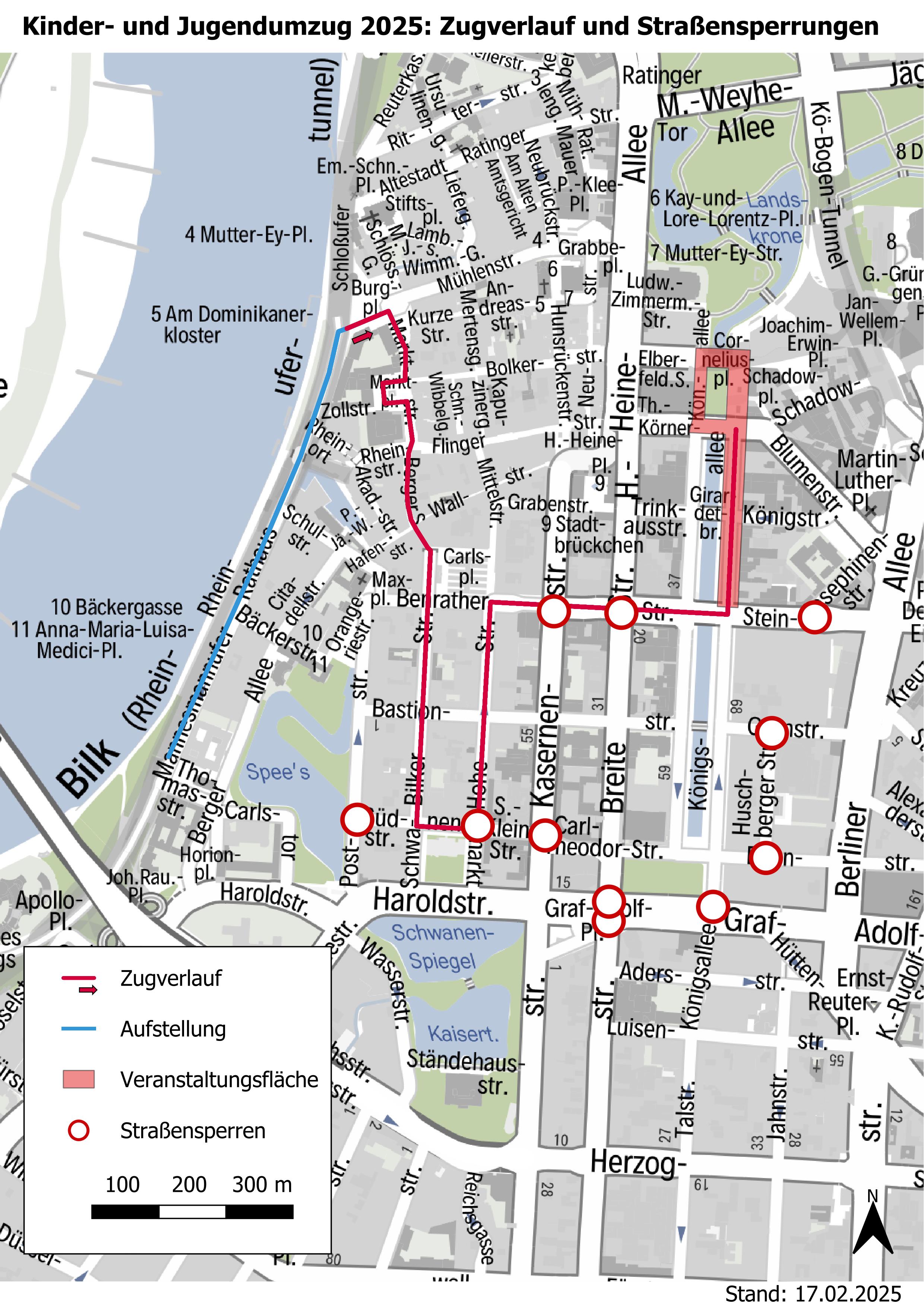 Die Grafik zeigt den Zugverlauf des Kinderumzuges am Samstag, 1. März, sowie die damit verbundenen Straßensperren / Foto: Landeshauptstadt Düsseldorf, Amt für Verkehrsmanagement