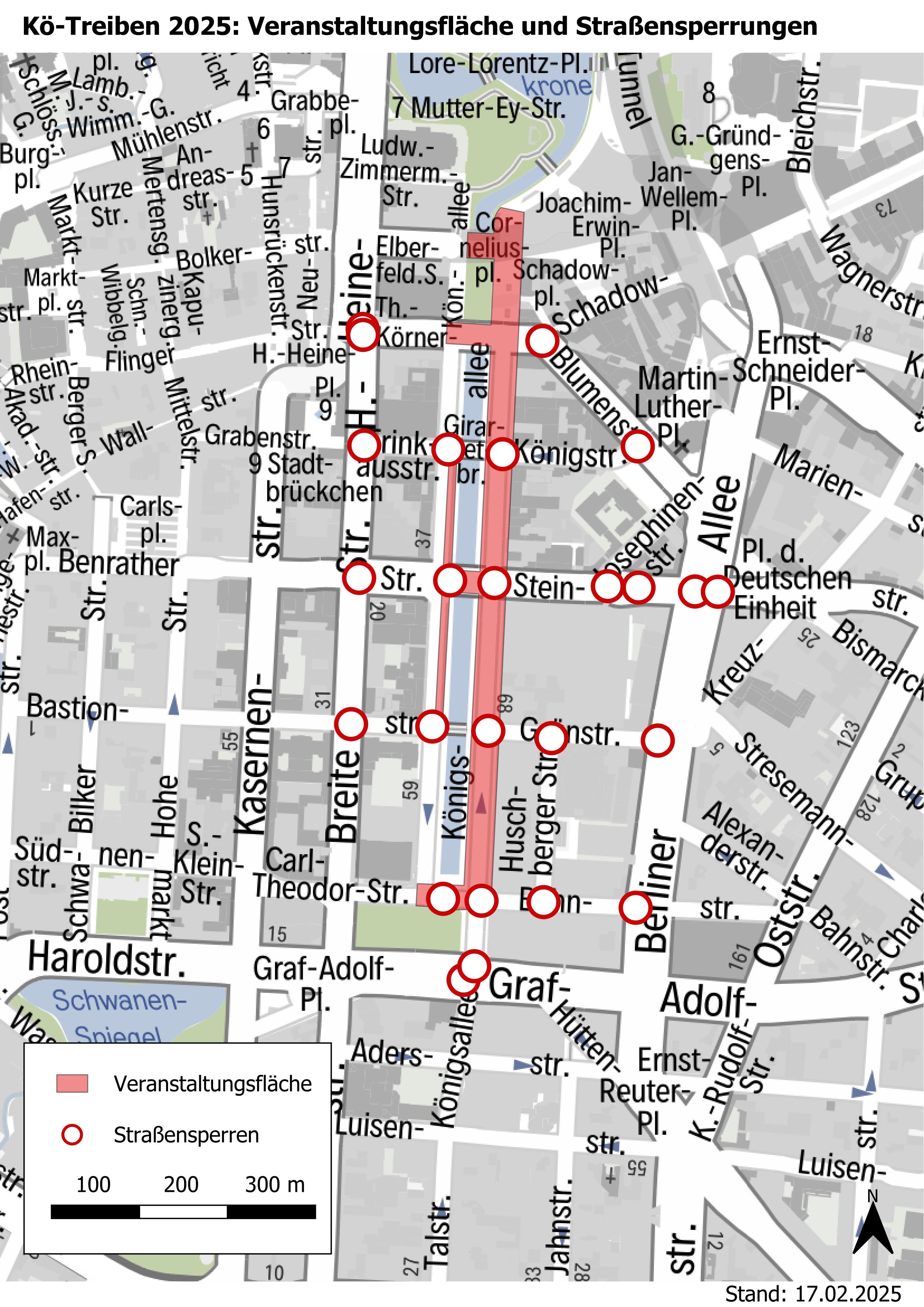 Einen Überblick über den Ort des bunten Kö-Treibens am Karnevalssonntag, 2. März, sowie die damit verbundenen Straßensperren gibt die Grafik / Foto: Landeshauptstadt Düsseldorf, Amt für Verkehrsmanagement 