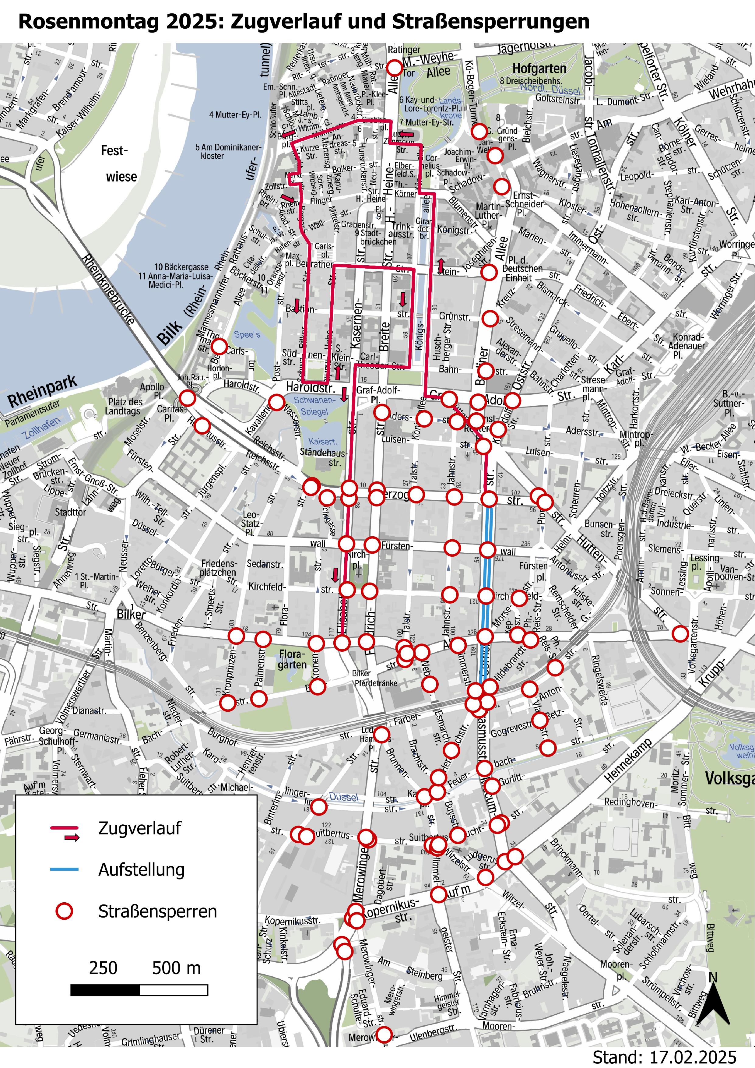 Der Verlauf des Rosenmontagszuges und die damit verbundenen Straßensperren am 3. März in der Übersicht / Foto: Landeshauptstadt Düsseldorf, Amt für Verkehrsmanagement 